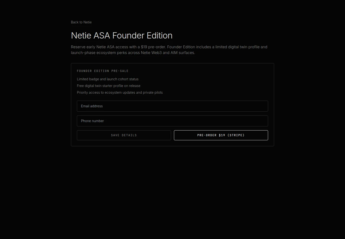 Netie ASA pre-order landing page with an email, phone, and Stripe button